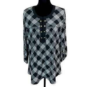 Anne Klein Plaid Tunic Black & White Gold Buttons‎ Tabbed Sleeves sz XL